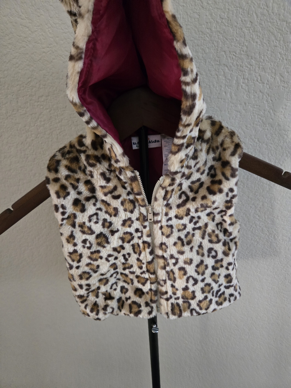 Leopard Print Hooded Faux Fur Vest - Burgandy Lining